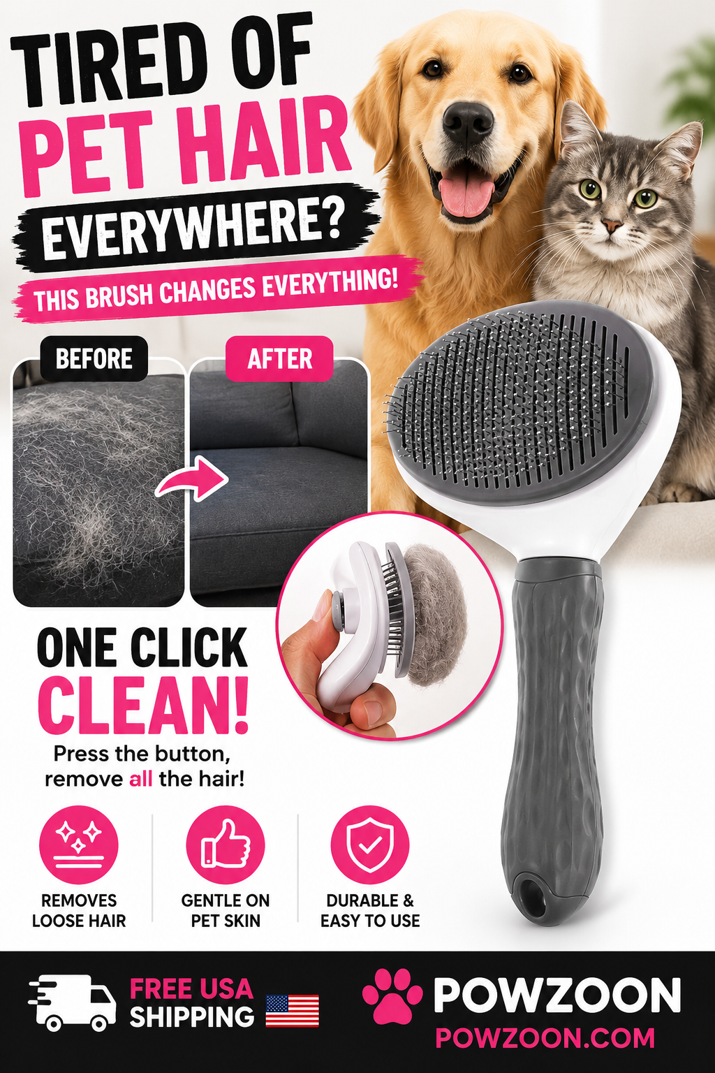PowZoon™ 1-Click Self-Cleaning Pet Brush