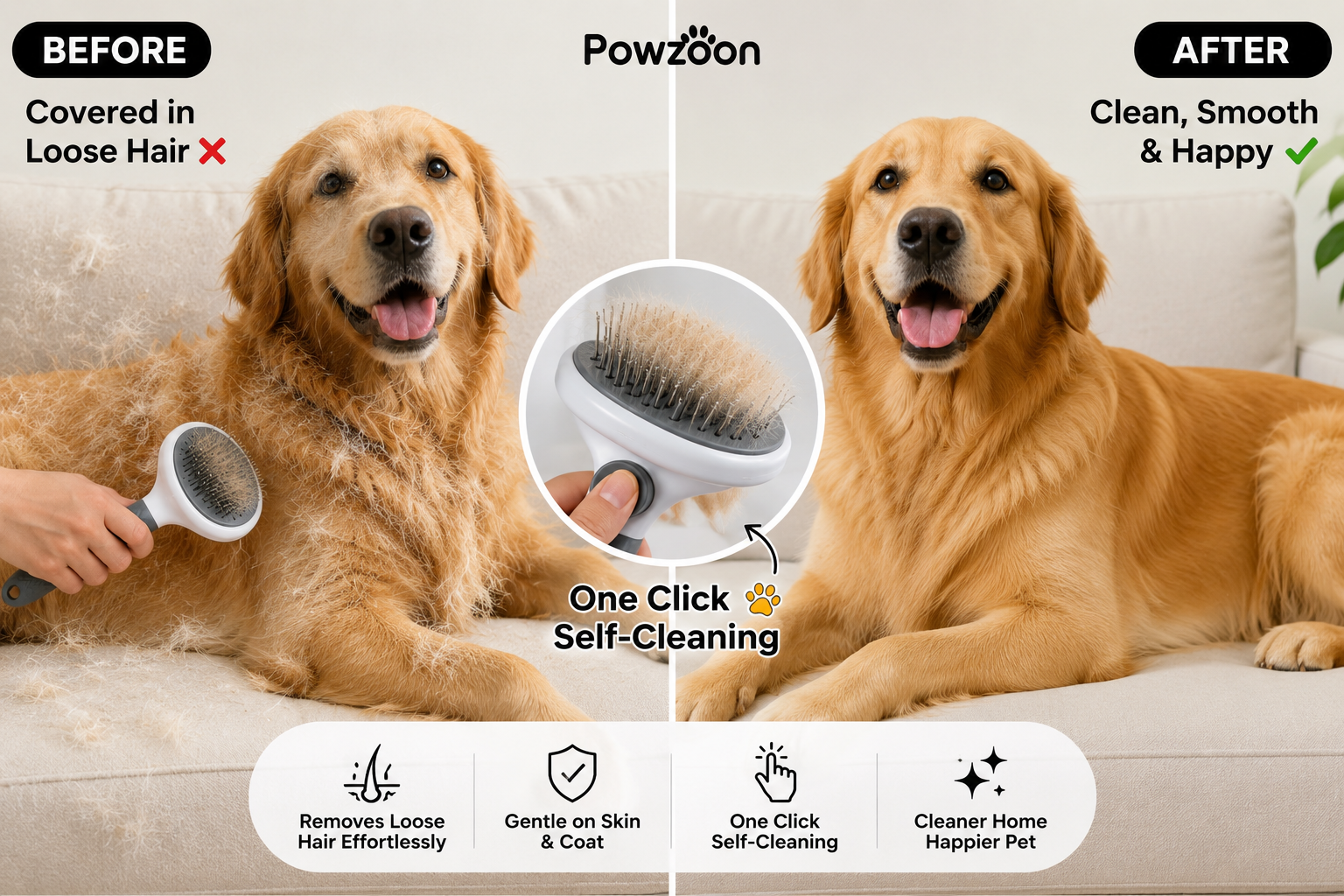 PowZoon™ 1-Click Self-Cleaning Pet Brush