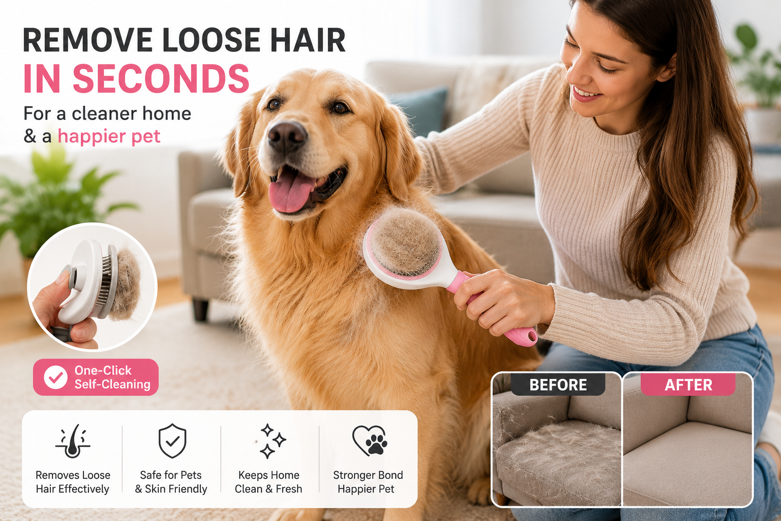 PowZoon™ 1-Click Self-Cleaning Pet Brush